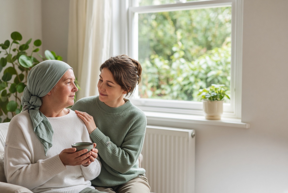 A woman wearing a headscarf holds a cup of tea by a window while her adult daughter rests a hand on her shoulder
