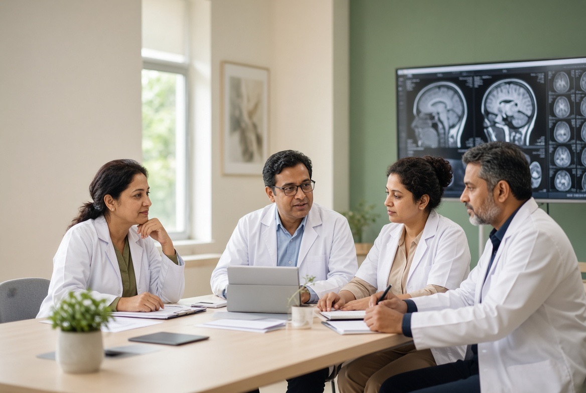 A team of four doctors discuss a case around a table, with brain scans on a screen behind them