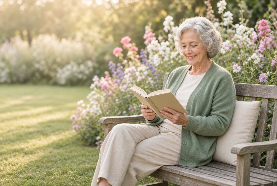 An older woman smiles as she reads a book on a garden bench surrounded by flowers