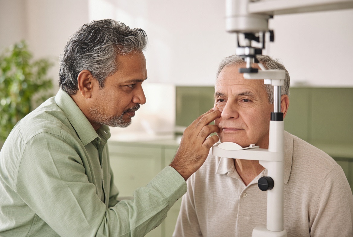 An eye doctor gently examines an older man seated at an eye examination instrument
