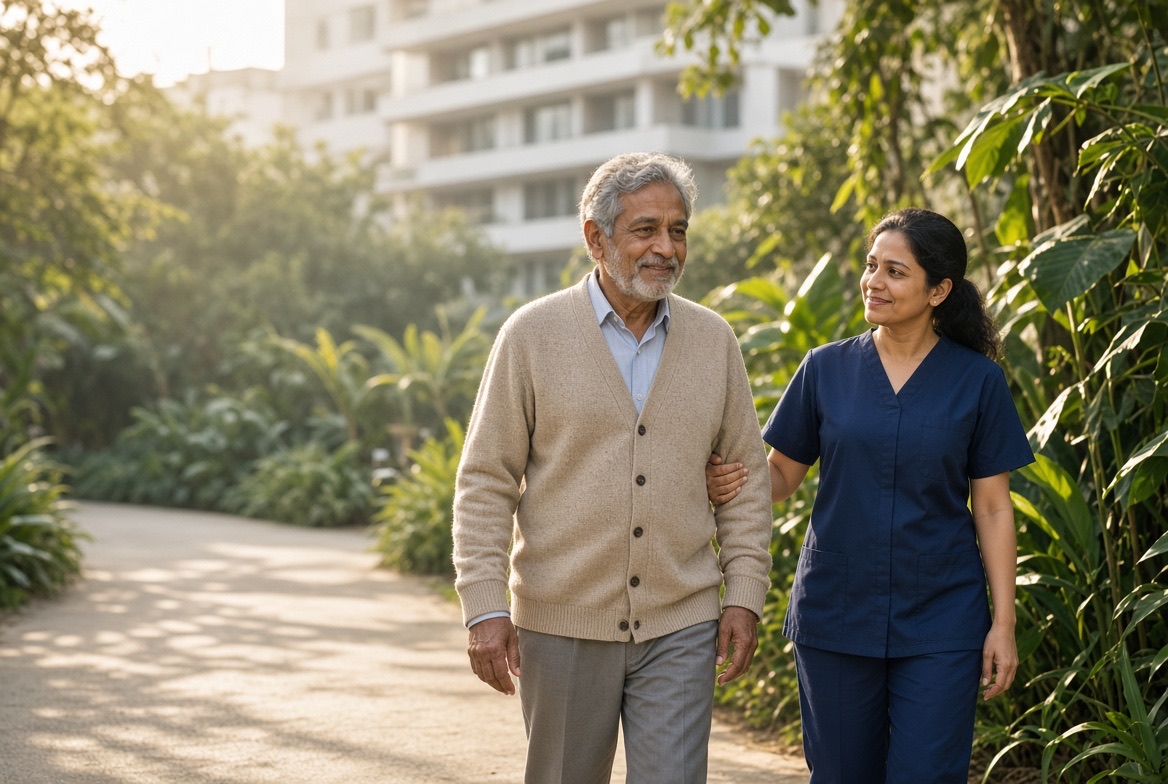 An older man in a cardigan walks along a sunlit garden path beside a physiotherapist in navy scrubs