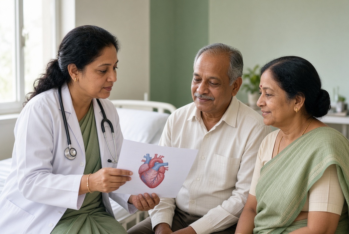 A doctor shows an older couple a diagram of the heart while explaining the operation
