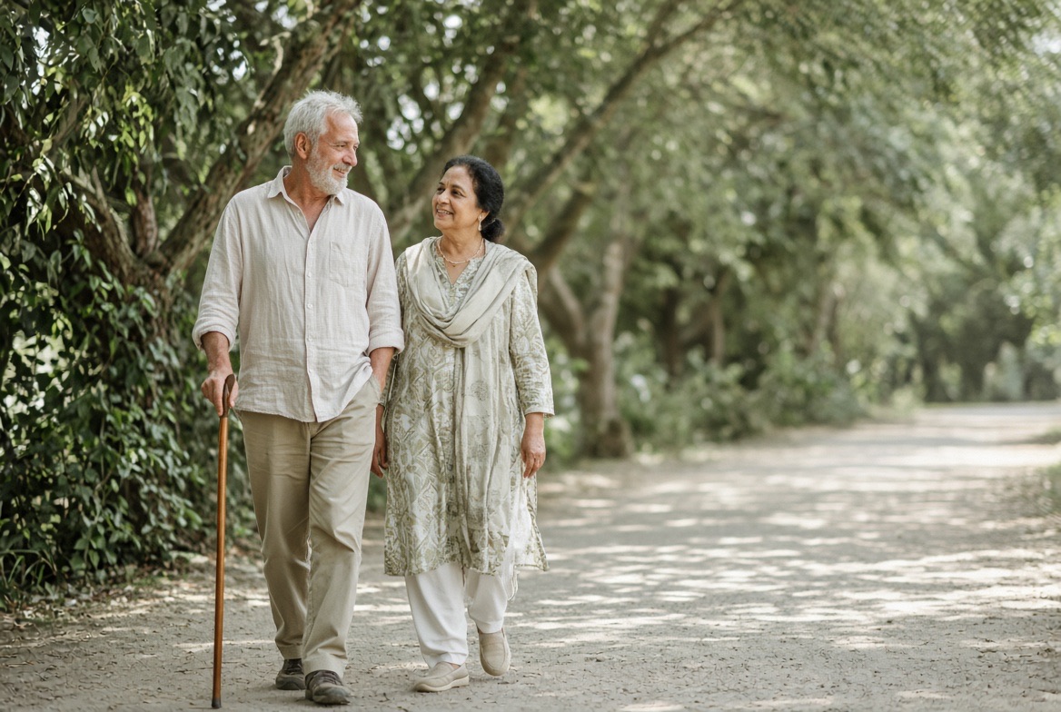 An older man walking with a stick smiles at his wife as they stroll along a tree-lined path