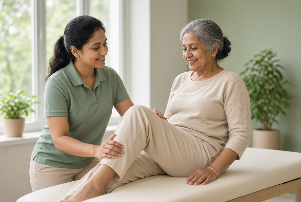 A physiotherapist helps a smiling older woman bend her knee during a rehabilitation exercise